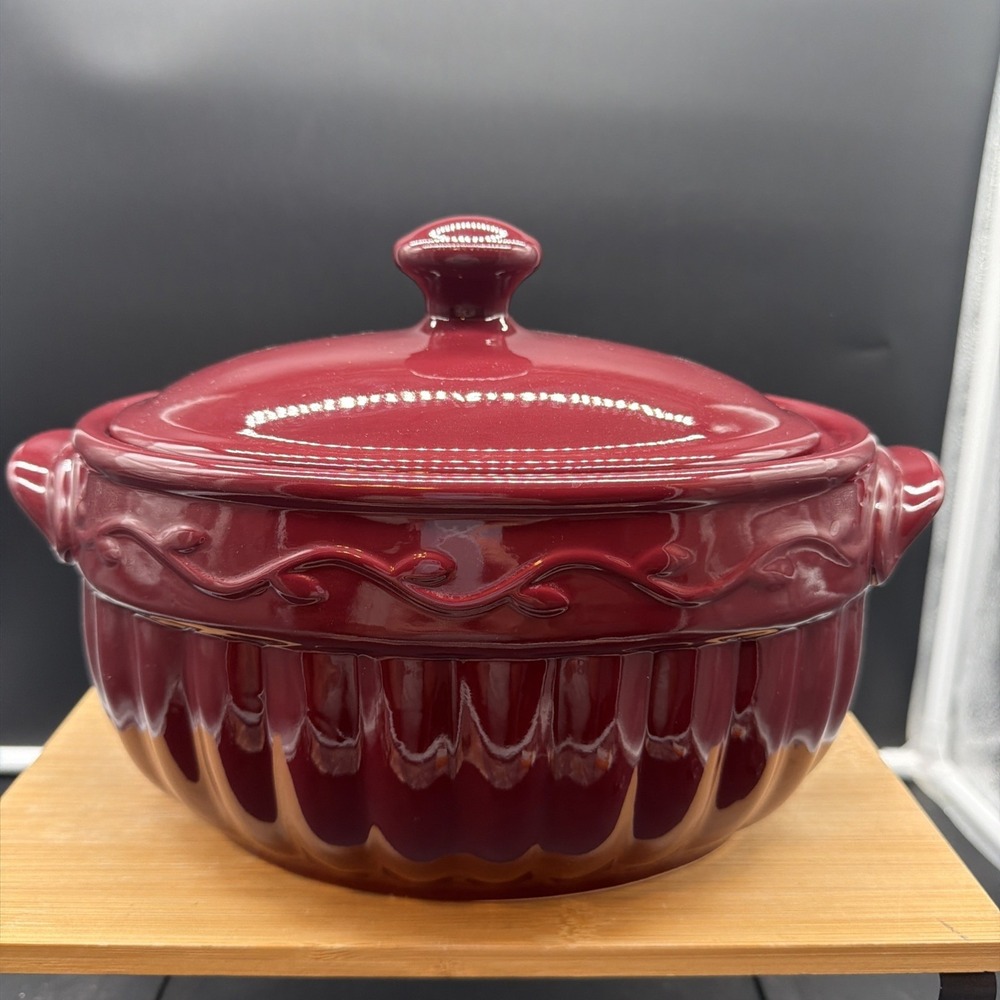 Celebrating Home Burgundy/Berry Medium Bean Pot With Lid Stoneware
